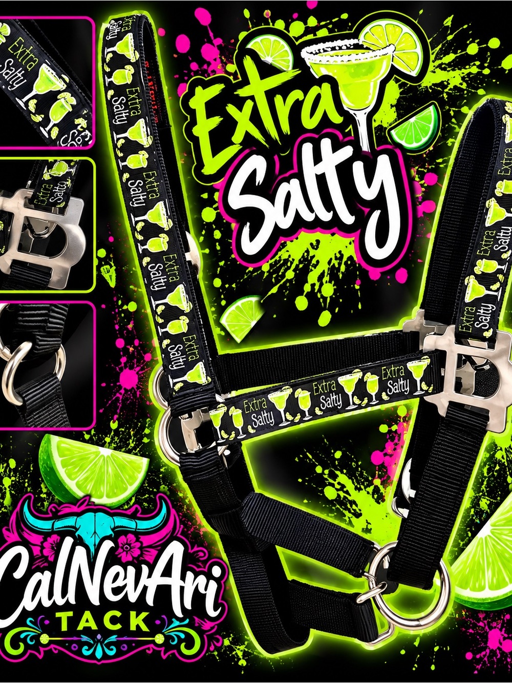 Extra Salty Lime Black horse Halter NWT